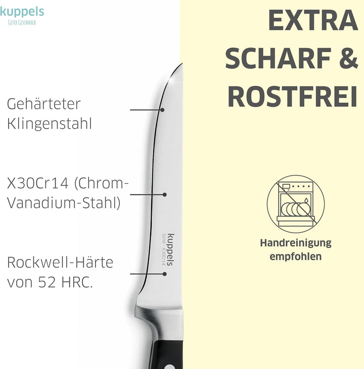 KUPPELS Solid Ausbeinmesser | Ergonomischer Griff Schwarz | Schmale Klinge | Integrierter Fingerschu