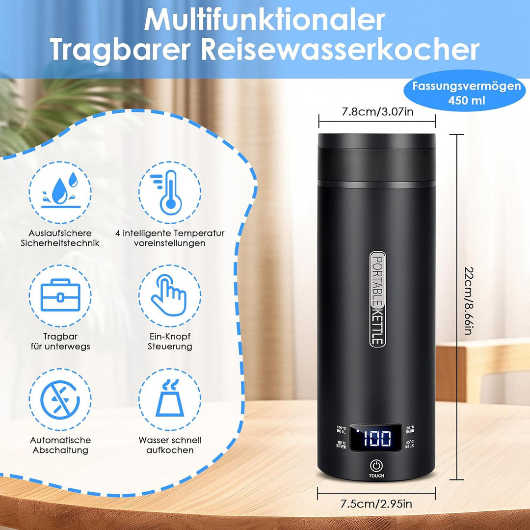 Dreamhigh® Reisewasserkocher, 450ml Mini Wasserkochers, 300W Wasserkocher Klein aus Edelstahl, Reise