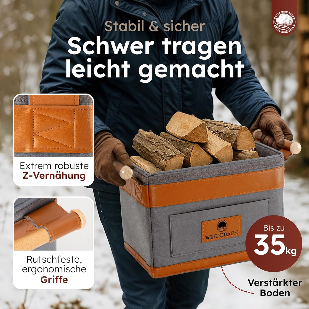 WEIDEBACH® Holzkorb für Kaminholz 35L (erweiterbar auf 50L), Kaminholzkorb grau schwer belastbar, Fe