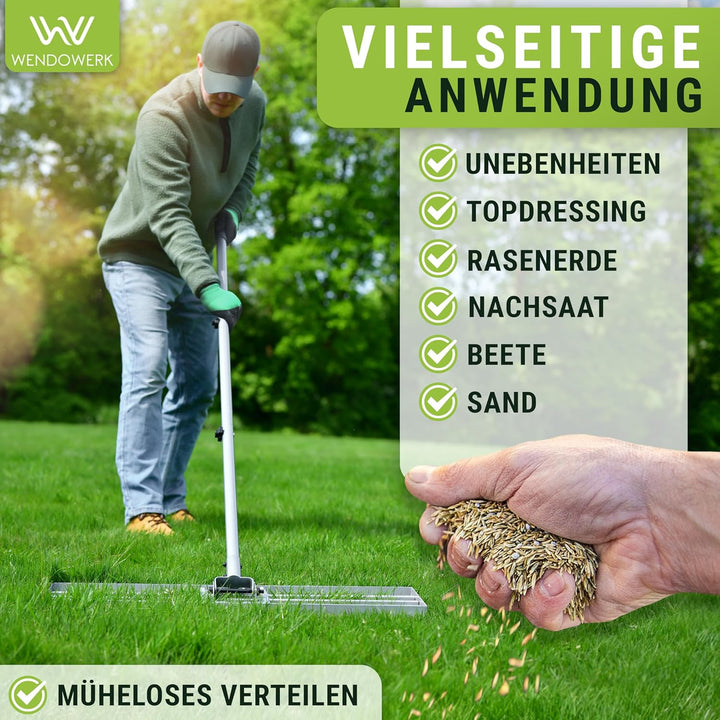 [80x30cm] Rasen Rakel mit extra langem Stiel [2 Meter] Inkl. Gartenhandschuhe - Handlicher Rasen Niv