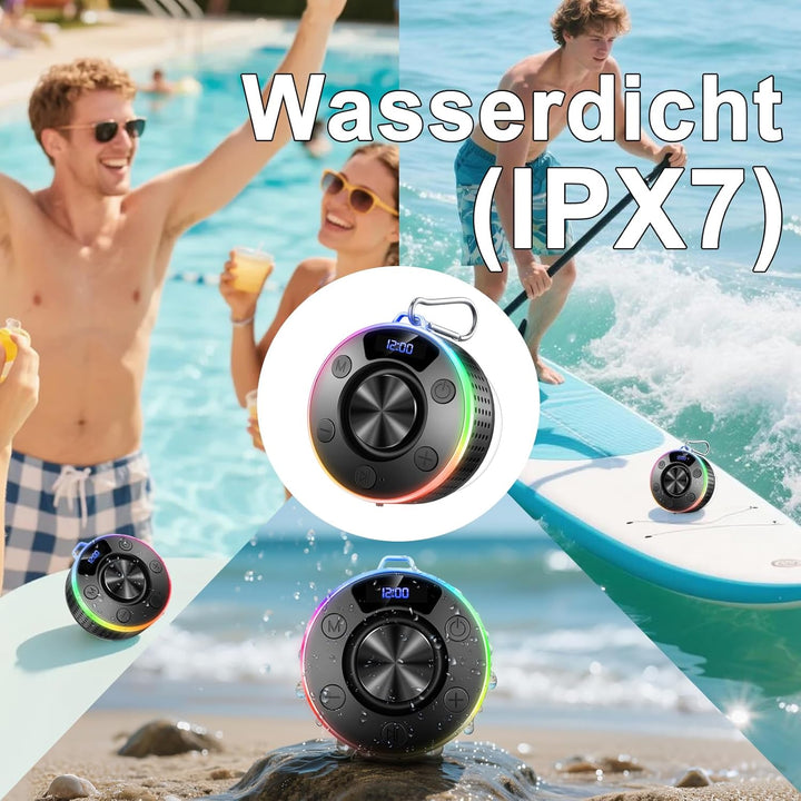 Bluetooth Lautsprecher mit LED Licht, Klein Duschlautsprecher Bluetooth 5.3 mit Saugnapf, IPX7 Wasse