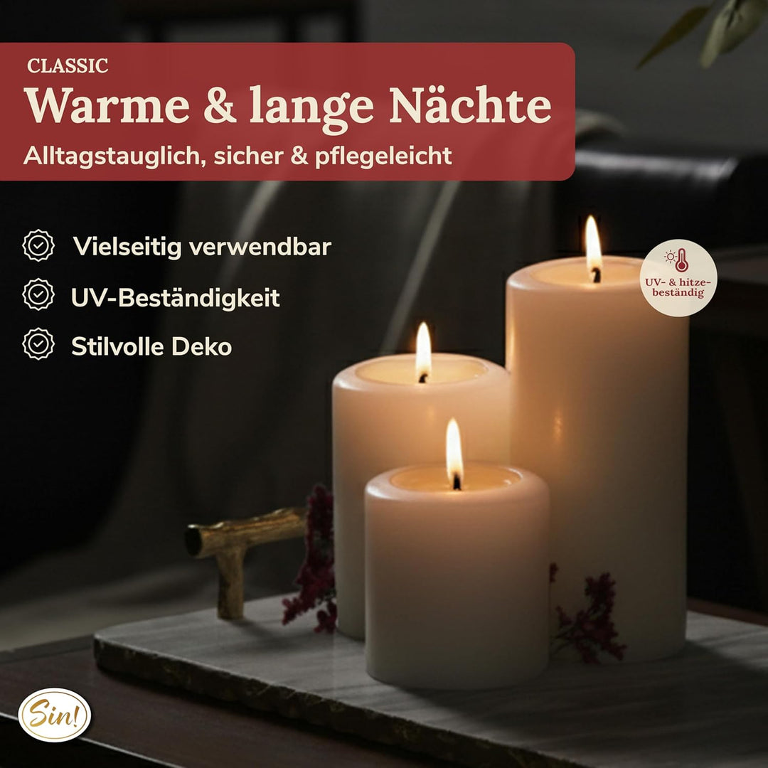 Sin! Teelichthalter Classic warmweiss - ∅ 10cm, Höhe 25cm. Die Kerze die Nicht schmilzt! - Dauerkerz