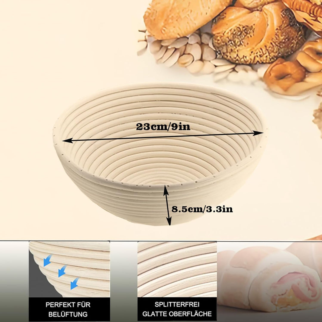 Gärkorb Rund 23cm, Gärkörbchen Set, Banneton, Natürlichem Rattan, Bürste, Bread Brotmesser, Leinentu