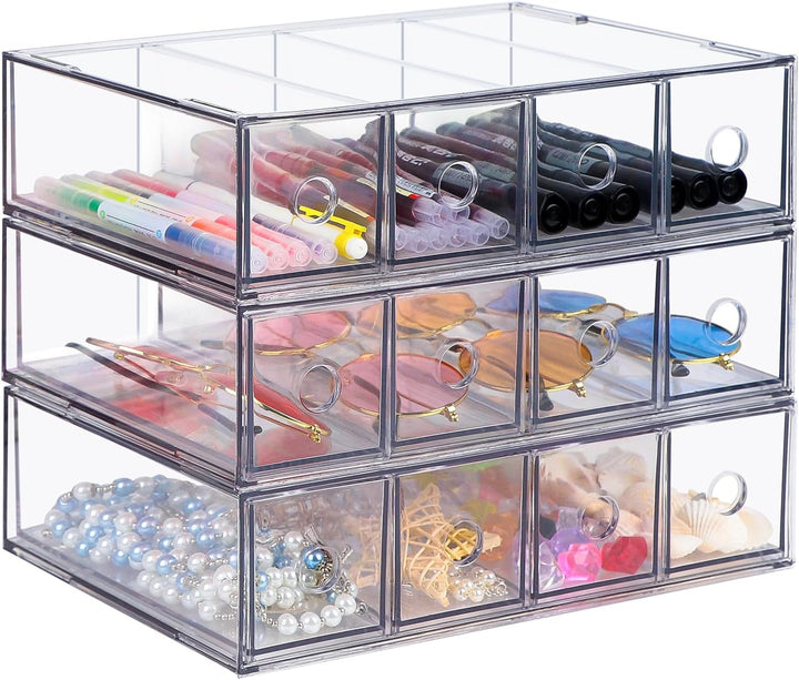 SUPAWAY 3 Stück Schubladenorganizer mit 12 Fächern Schubladenbox Stapelbar Schreibtisch-Organizer mi