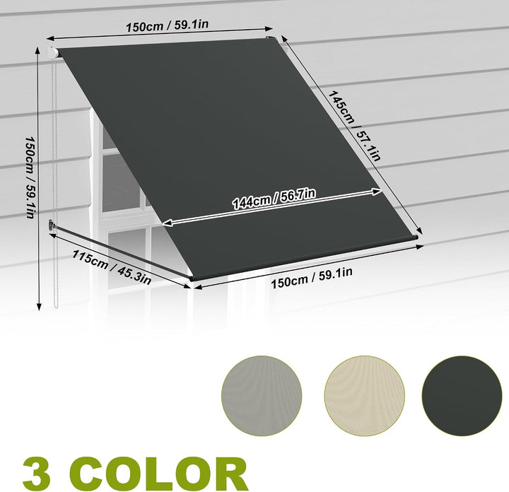 UISEBRT Fallarmmarkise Fenstermarkise einziehbar 150x145 cm, Balkonmarkise mit Kordel und Aluminium
