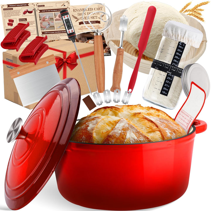 NZQXJXZ Gusseisen Topf Brot Backen, 26cm Emaille Schmortopf mit Deckel Brotbackform mit Banneton Bro