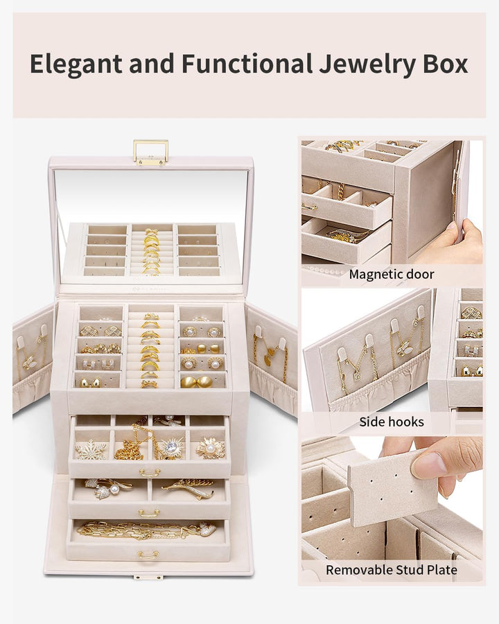 Vlando Schmuckkasten Schmuckbox mit 4 Ebenen, Schmuckschatulle PU Leder, Schmuckbox mit Spiegel und