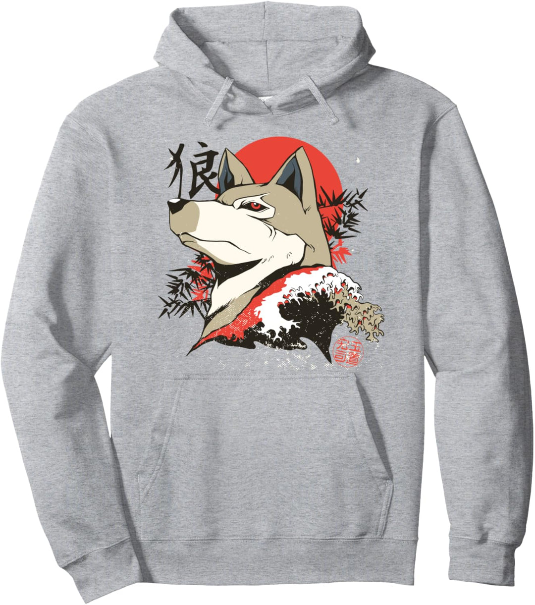 Grauer Wolf Japanische Zeichen Anime Manga Stil Pullover Hoodie
