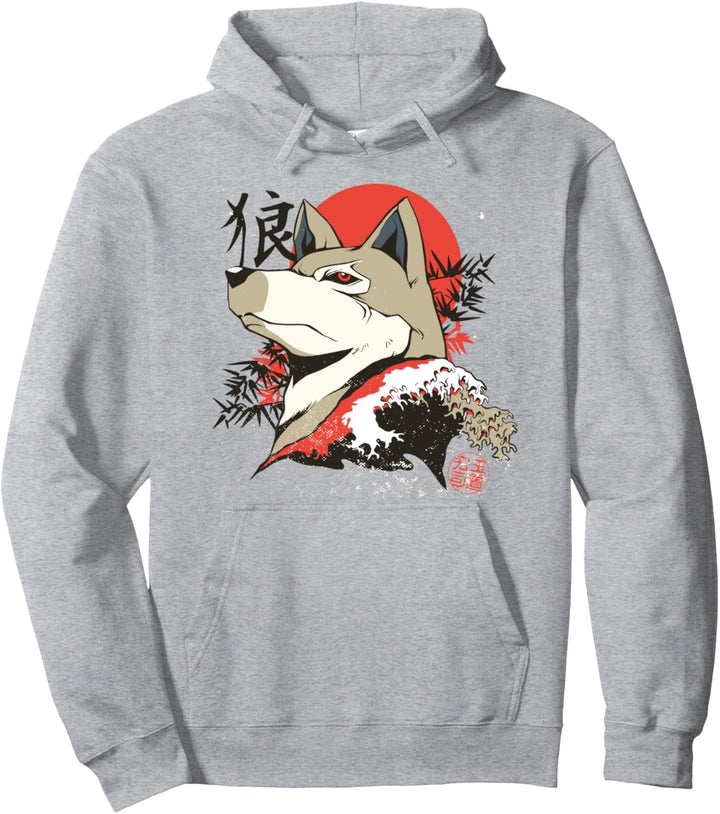 Grauer Wolf Japanische Zeichen Anime Manga Stil Pullover Hoodie