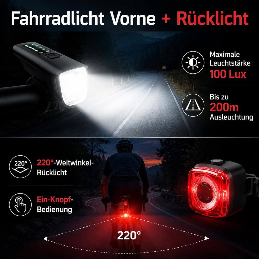 LED Fahrradlicht Set StVZO 100 Lux, USB C Wiederaufladbar Fahrradlampe Vorne und Rücklicht, 2000mAh