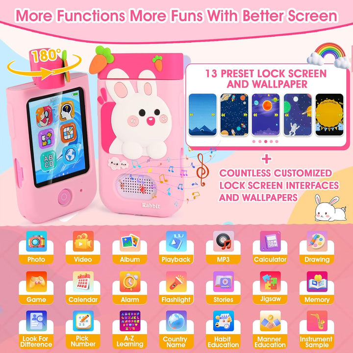 Kinder Handy Smartphone Spielzeug mit 180° Drehobjektiv &32GB Karte, Kinderkamera mit Touchscreen&Si