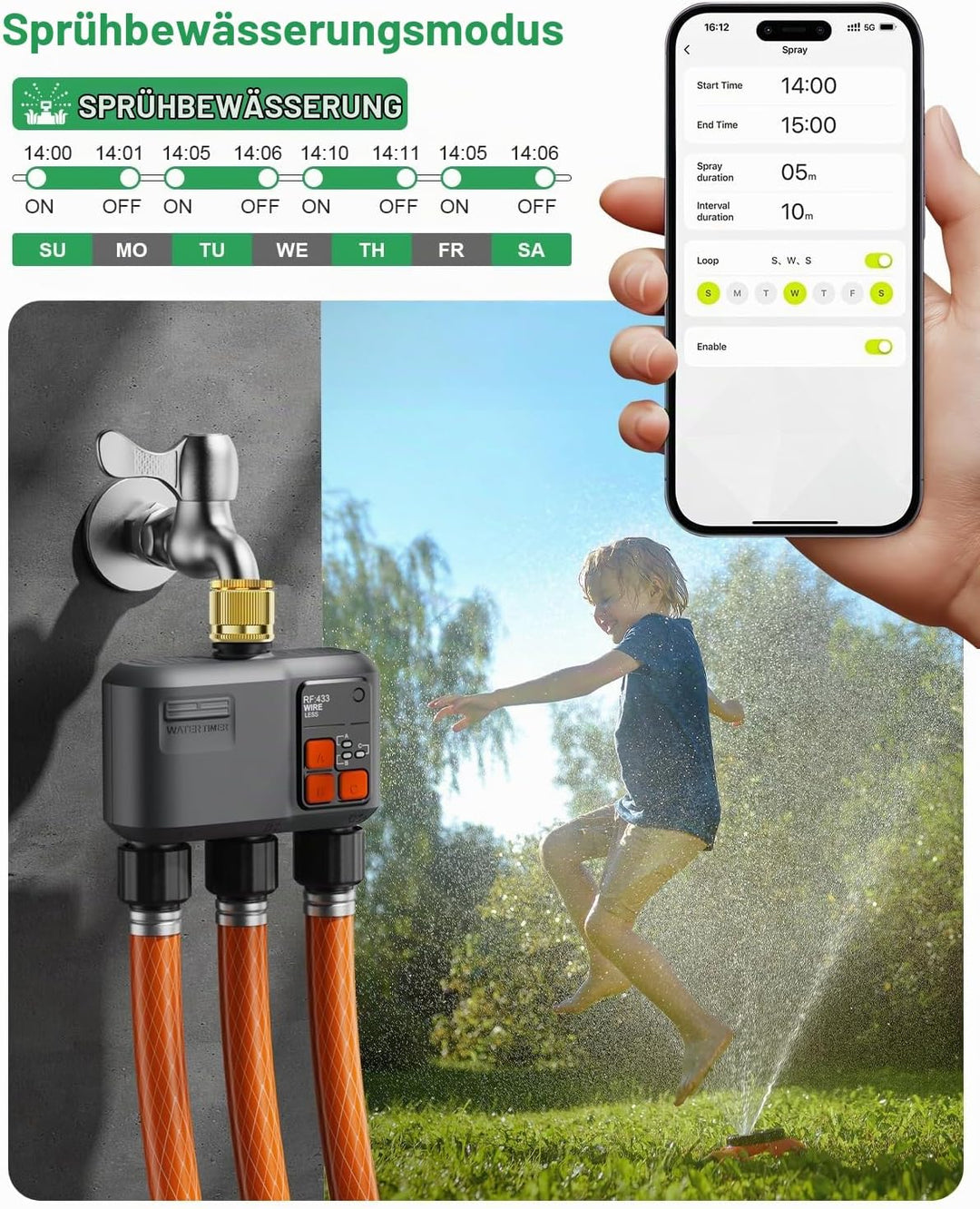 Bewässerungscomputer WLAN 3 Ausgänge mit Messingeinlass/300M RF-Technologie, Bewässerungsuhr für Gar