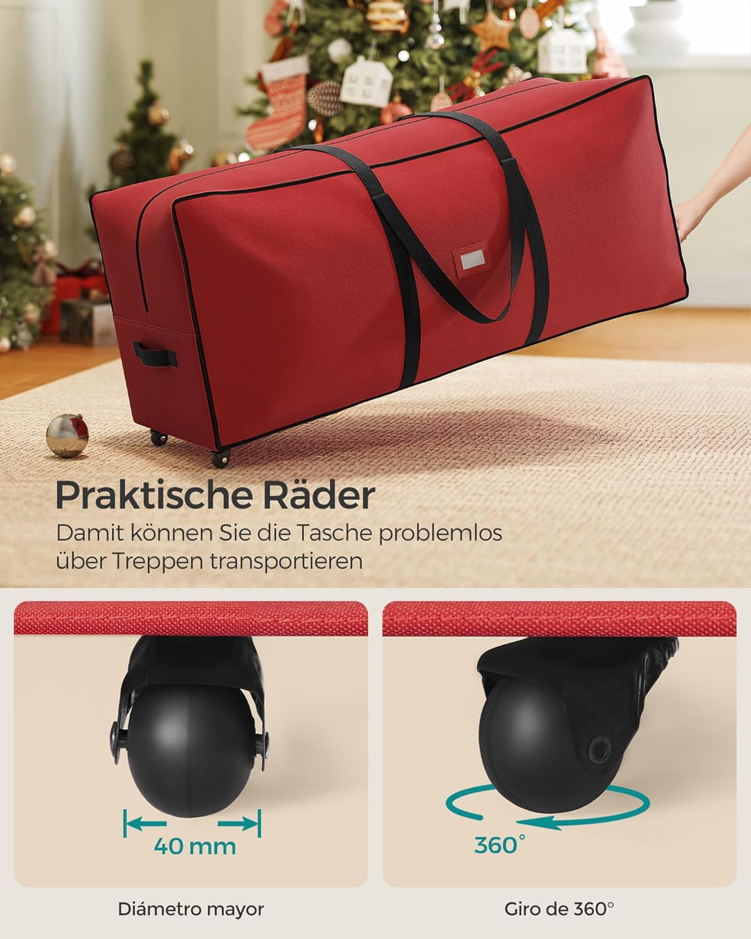 SONGMICS Aufbewahrungstasche für Weihnachtsbaum, Tragetasche auf Rollen, für Bäume bis zu 229 cm, fü