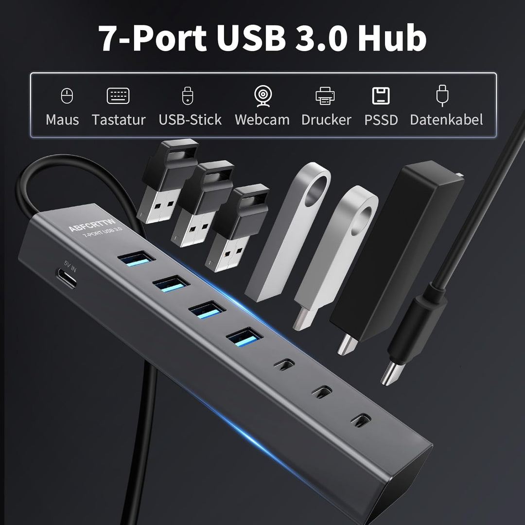 7-Port USB Hub 3.0 mit 180cm Kabel für Desktop, Aluminium USB Verteiler 5Gbps Multiport Adapter mit