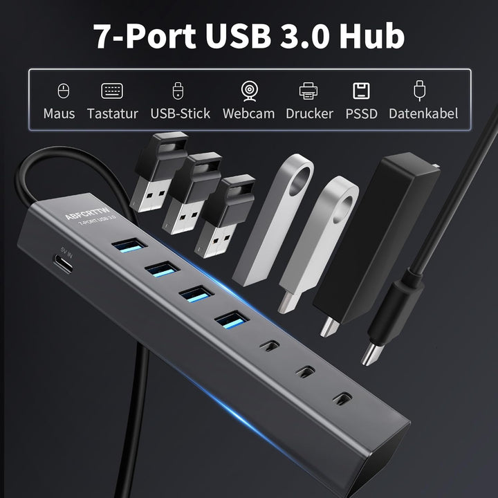 7-Port USB Hub 3.0 mit 180cm Kabel für Desktop, Aluminium USB Verteiler 5Gbps Multiport Adapter mit