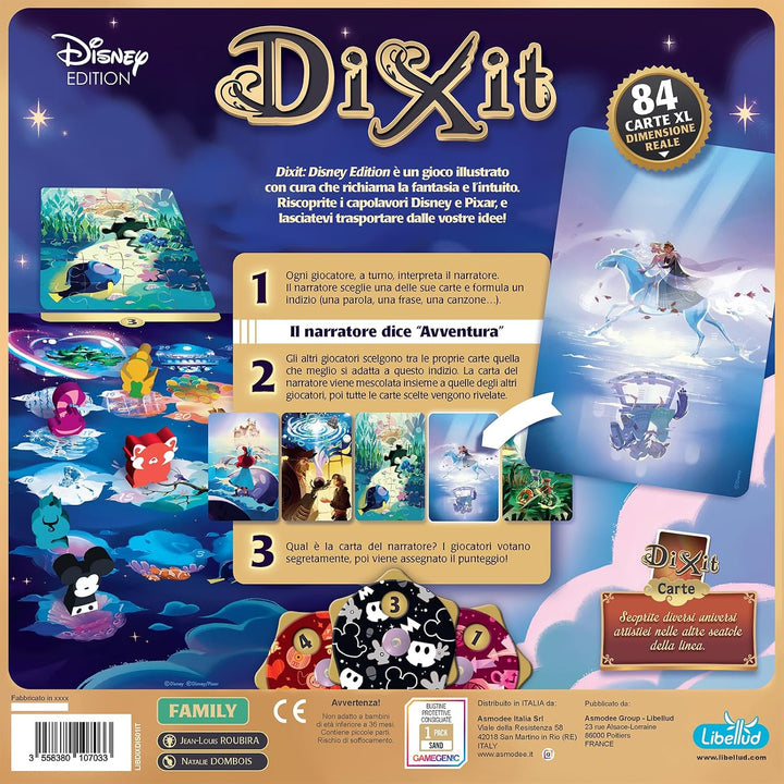 Asmodee - Dixit: Disney - Brettspiel mit Disney-Charakteren, 3-6 Spieler, 8+ Jahre, italienische Aus