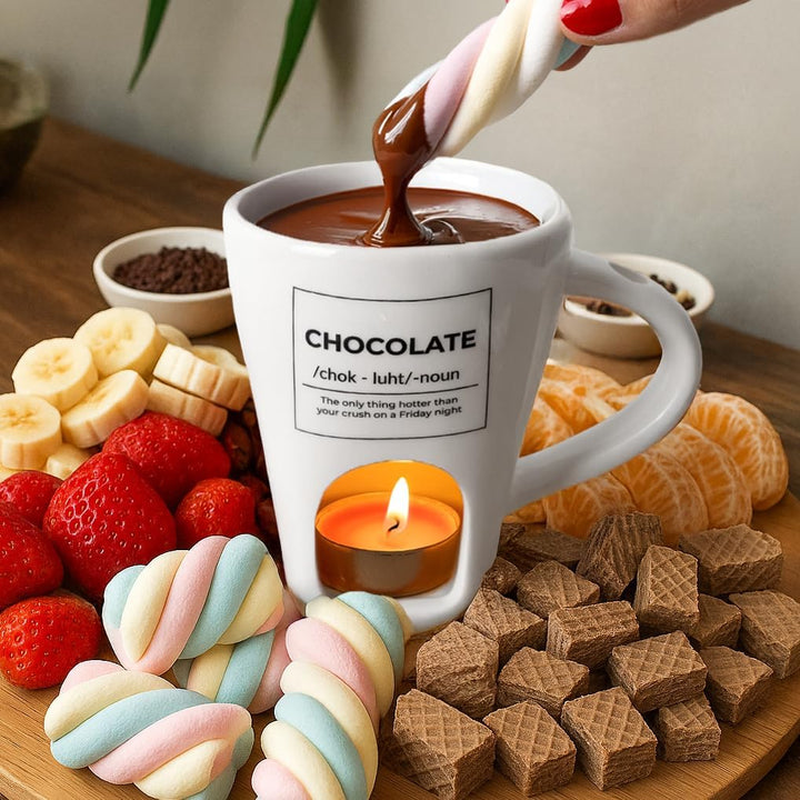 Fisura - Fondue Tasse für Schokolade und Käse, weisse Keramiktasse 140 ml mit Gabel, originelle Gesc