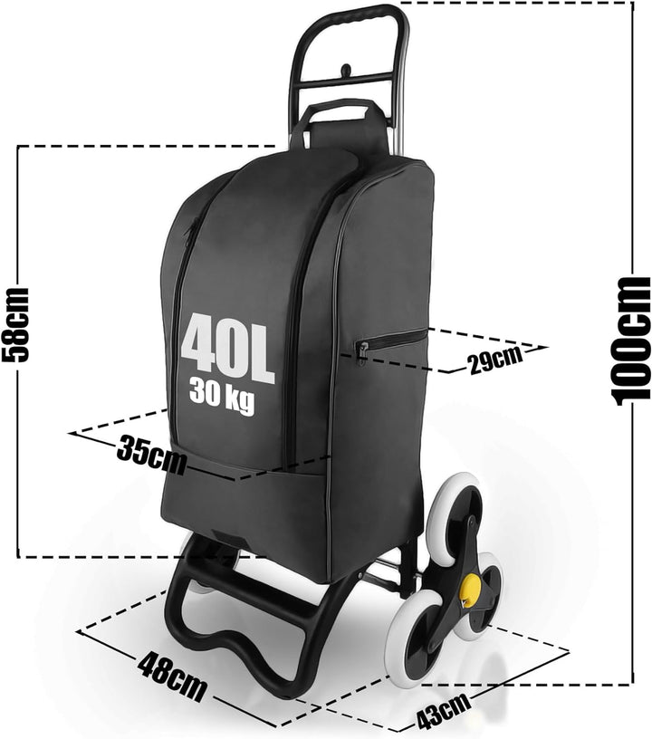 BigDean Einkaufstrolley mit Treppensteiger-Funktion, Kühlfach & 6 grossen Rädern - 40L faltbar schwa