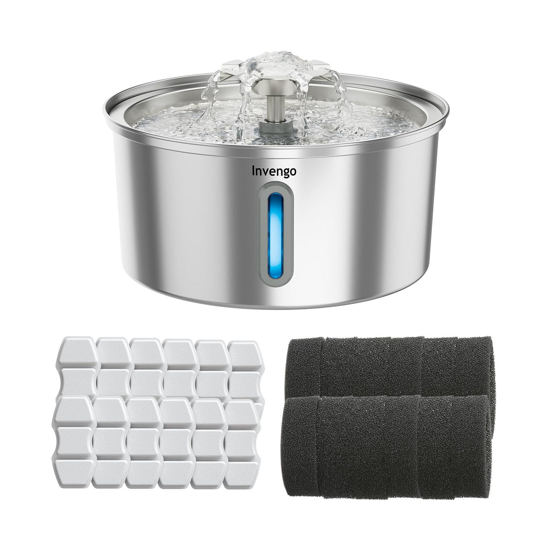 Katzenbrunnen Edelstahl und Ersatzfilter, 3.2L Trinkbrunnen für Katze mit Blumenfontäne & 12 Kohlefi