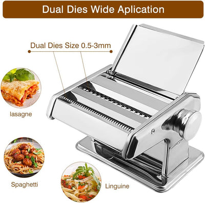 Nudelmaschine, Nudelmaschine Manuell, Edelstahl Nudelschneider mit Einstellknopf für mehrere Dickene