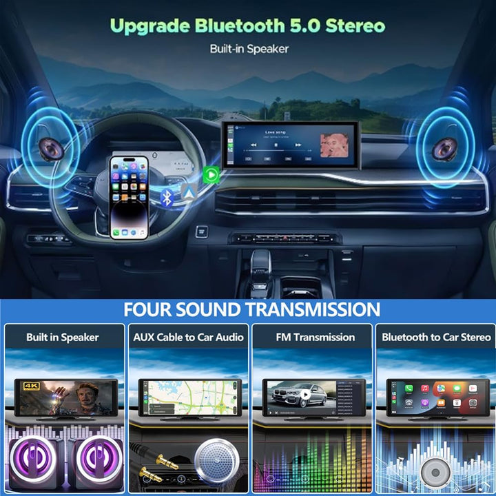 10.26" Wireless Carplay Screen 360 Rotation 4K Dash Cam Carplay/Android Auto Auto Stereo Auto Audio