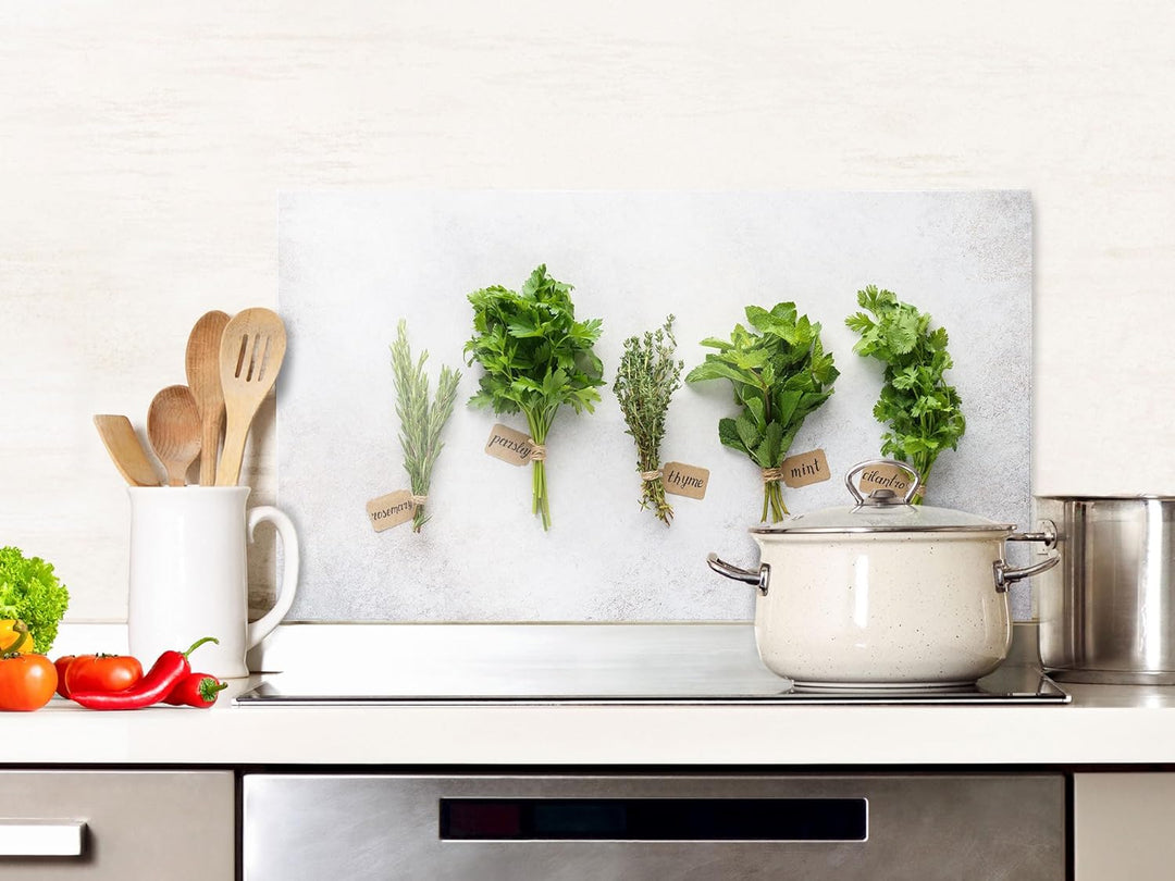 GRAZDesign Spritzschutz Küchenrückwand Glas Küche für Herd & Küchenspüle, Grau mit Kräuter | Glaspla