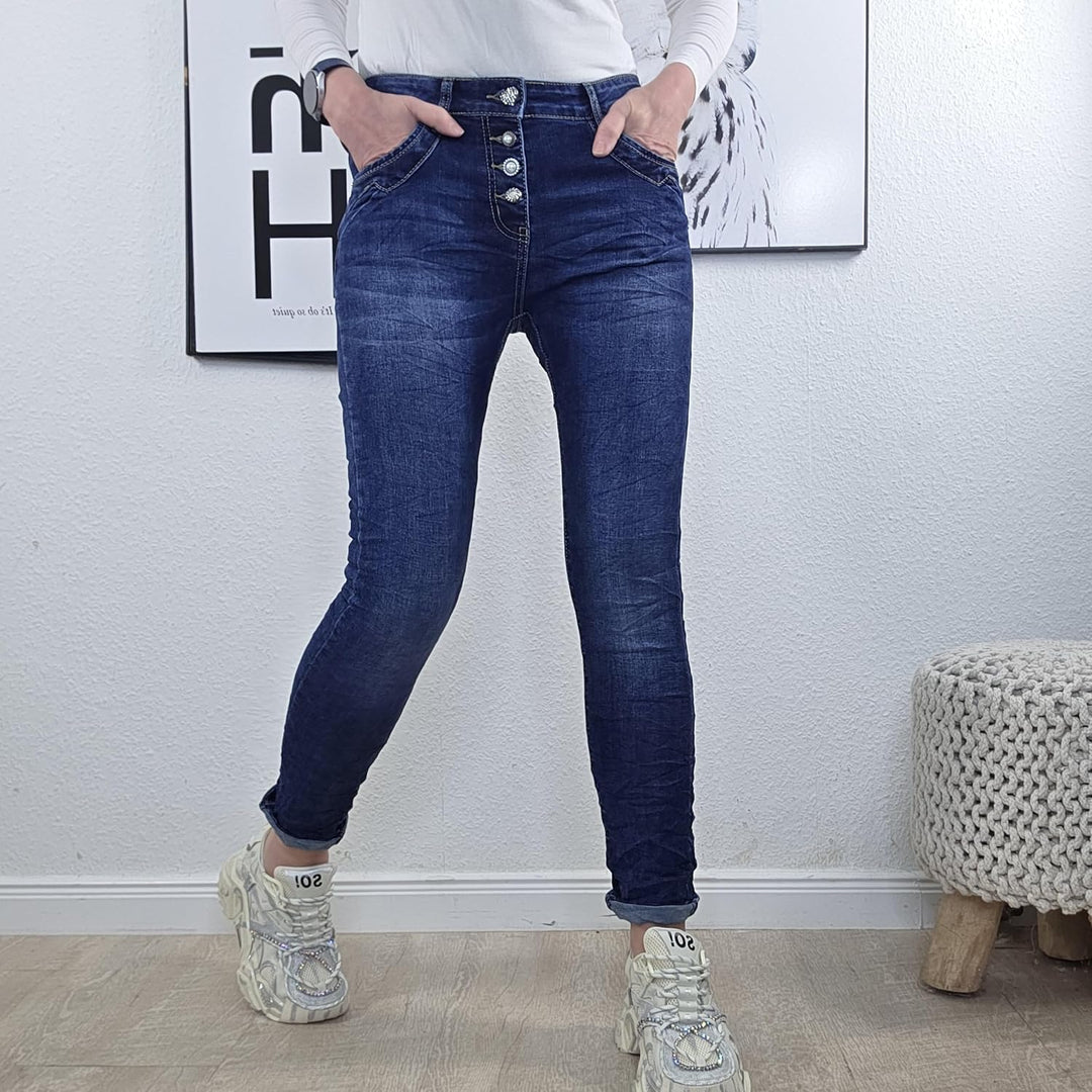 Jewelly Stretch Jeans| im Baggy Boyfriend Schnitt| Damen Hose mit dekorativer Knopfleiste| Perfekter
