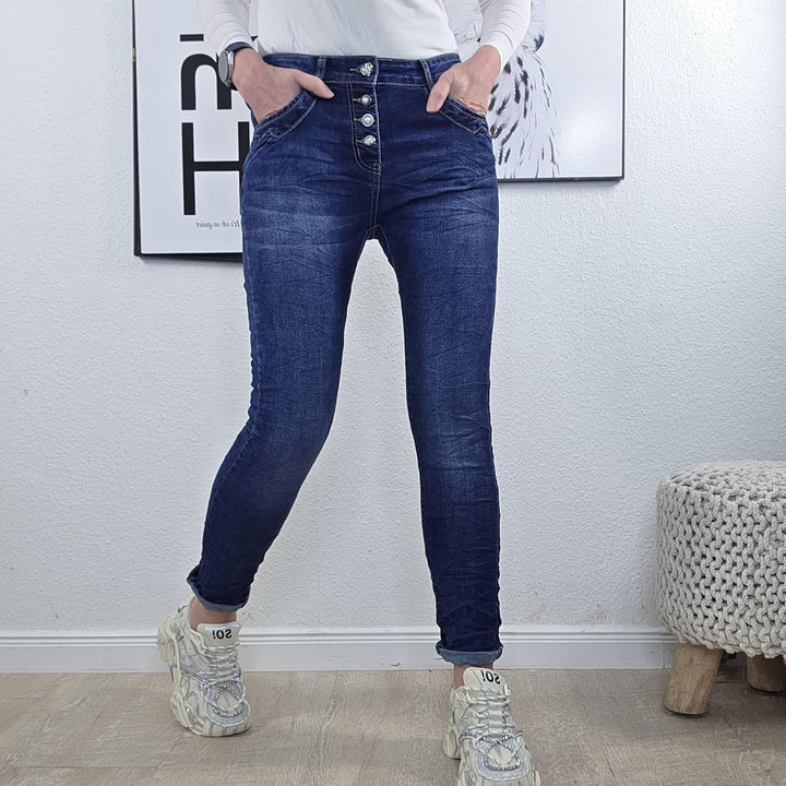 Jewelly Stretch Jeans| im Baggy Boyfriend Schnitt| Damen Hose mit dekorativer Knopfleiste| Perfekter