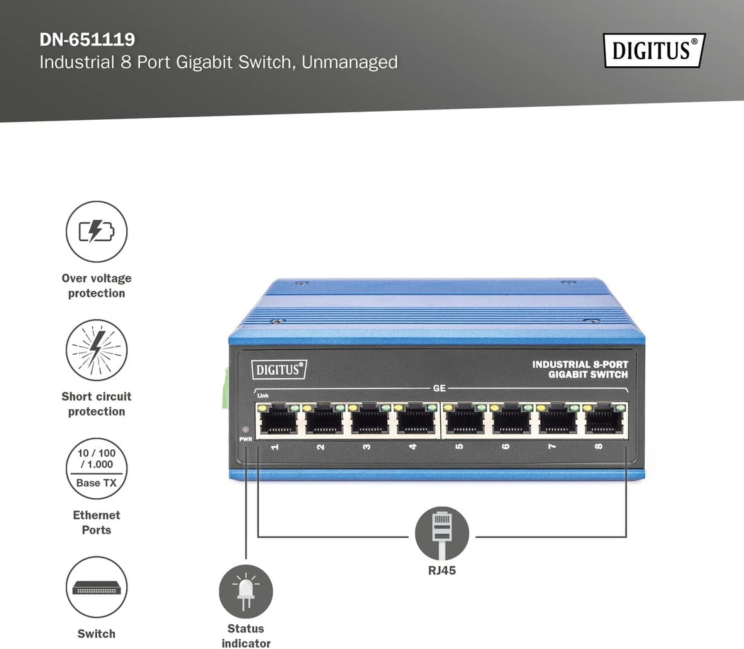 DIGITUS Netzwerk-Switch - 8-Port Gigabit Ethernet - DIN-Rail Montage - Klemmleiste - Lüfterlos - Sch