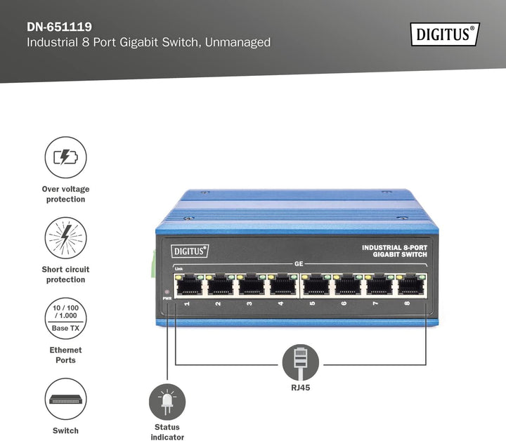 DIGITUS Netzwerk-Switch - 8-Port Gigabit Ethernet - DIN-Rail Montage - Klemmleiste - Lüfterlos - Sch