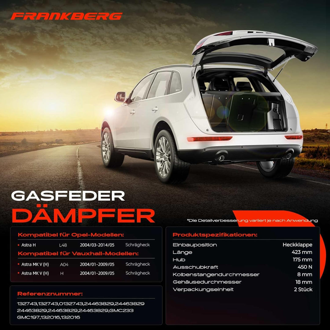 Frankberg 2x Gasfeder Dämpfer Heckklappe Kompatibel mit Astra H A04 L48 Schrägheck 2004-2014 Astra M