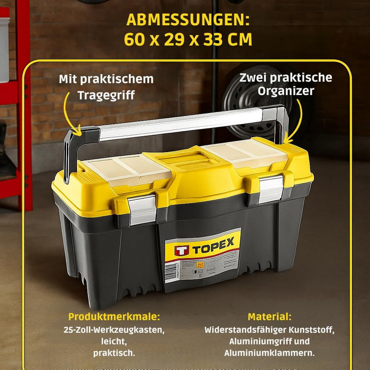TOPEX Werkzeugkasten 25" (60 x 29 x 33 cm) Organizer, Verschliessbare Fächer, Alu-Klammern, Alugriff