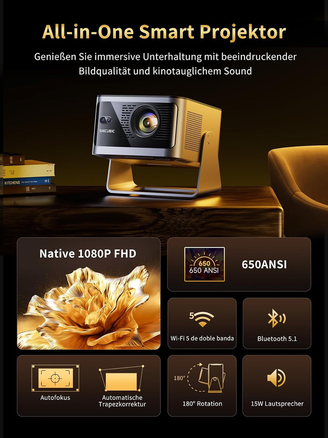 Mini Beamer mit Google TV, Native Full HD 1080P Smart Projektor 650 ANSI