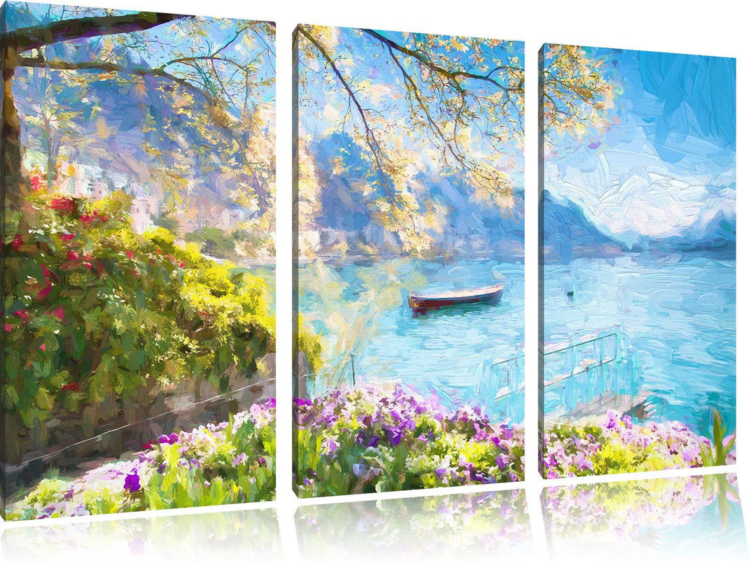 Pixxprint Genfer See im Sonnenschein Kunst Pinsel Effekt 3-Teiler Leinwandbild 120x80 Bild auf Leinw