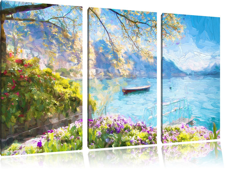 Pixxprint Genfer See im Sonnenschein Kunst Pinsel Effekt 3-Teiler Leinwandbild 120x80 Bild auf Leinw