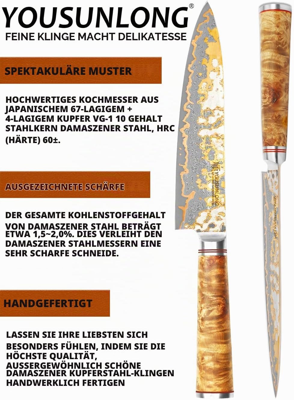 YOUSUNLONG Professionelles Kochmesser - 200mm Klinge Japanischer Handgefertigter Kupfer Damast Stahl