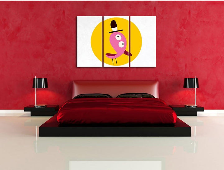 Pixxprint Lustiger Vogel mit einfarbigem Hintergrund weiss 3-Teiler Leinwandbild 120x80 Bild auf Lei