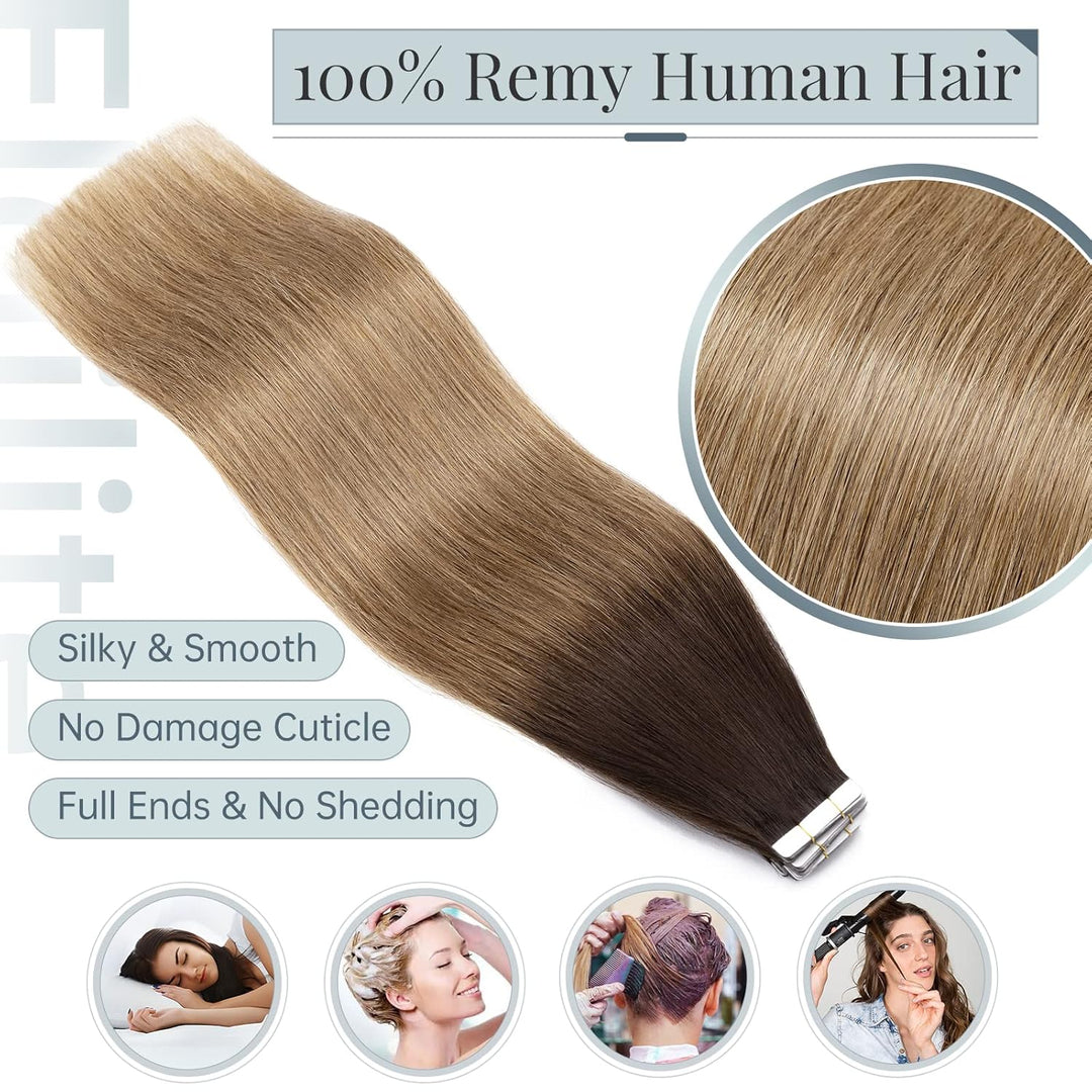 Elailite Echthaar Extensions Tape in 40g #4T27 Mittel braun Ombre Dunkelblond, 20 Stück/Packung Real