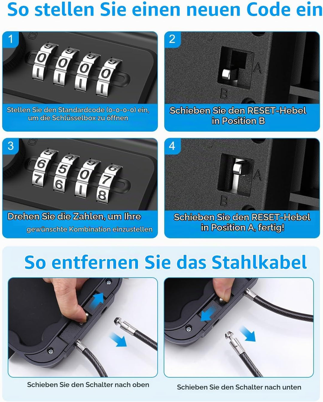 Brifit Tragbarer Tresor, Strandsafe mit Zahlencode, Wasserdichte Aufbewahrungsbox mit 6.3mm Stahlsei