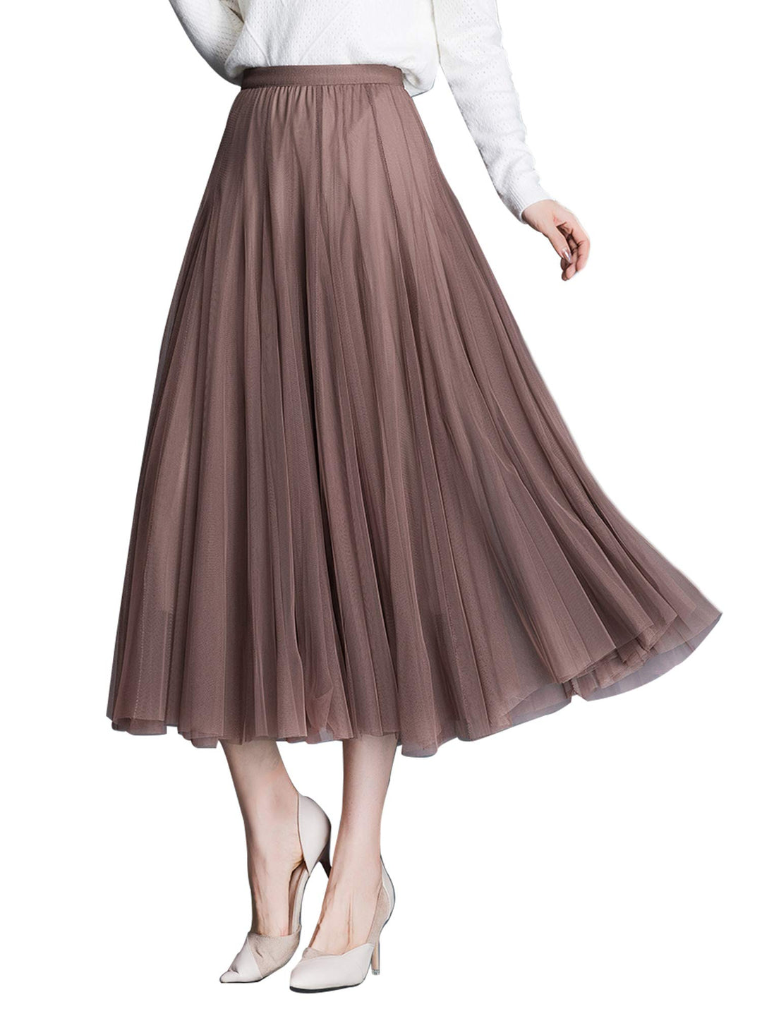 Damen Tüllrock Midi Faltenrock Hoher Bund Schick Rock Elastisch Taille Drapiert Stoff, Braun