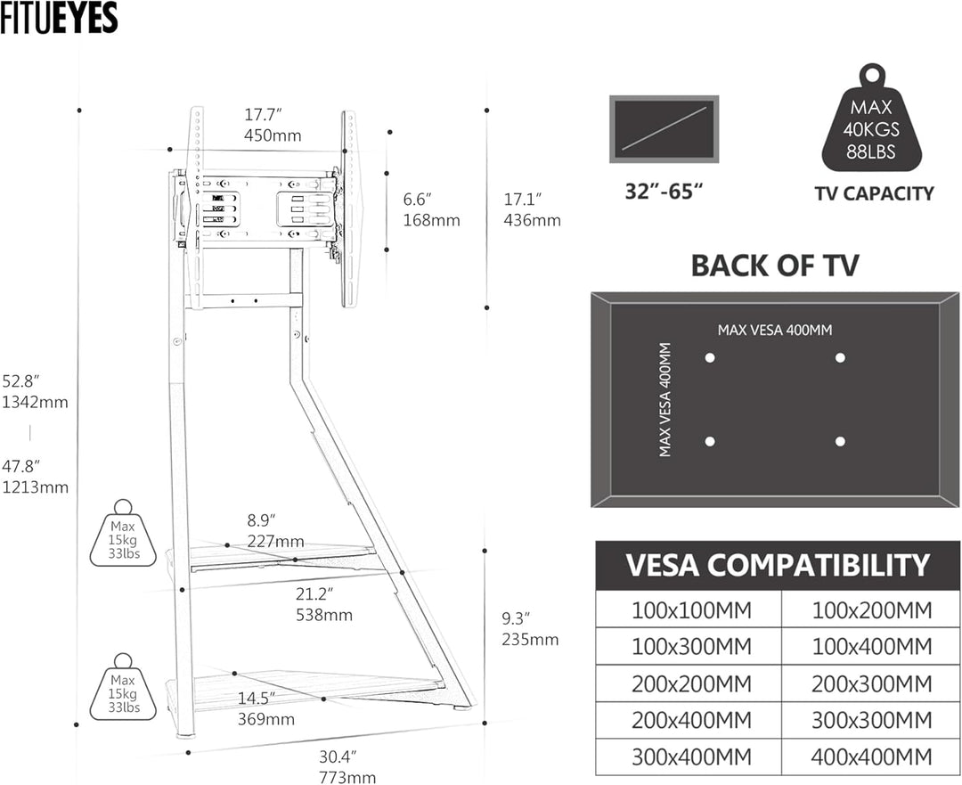 FITUEYES Design TV Ständer Rollbar, Mobiler TV Stand mit Rollen für 32 40 43 55 65 Zoll Flach &amp; Curv