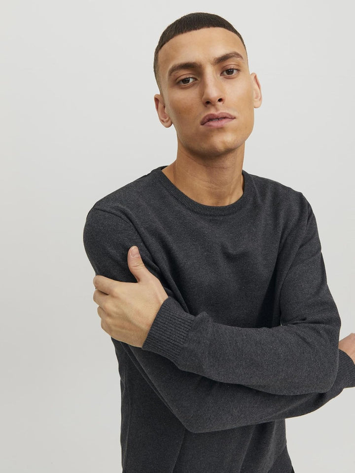 JACK &amp; JONES Male Strickpullover mit Rundhals Einfarbig Strickpullover mit Rundhals Dark Grey Melang