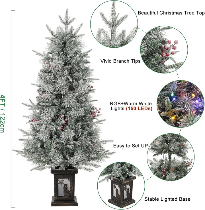 Weihnachtsbaum Künstlich mit Beleuchtung, 125cm 4ft Künstlicher Weihnachten Baum Schnee mit 150 Warm
