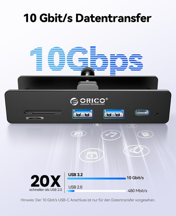 ORICO USB Hub, Aluminum USB3.2 Hub Clip mit USB-C PD 60W Port, 10Gbps 6 Ports USB Verteiler mit 2 Ty