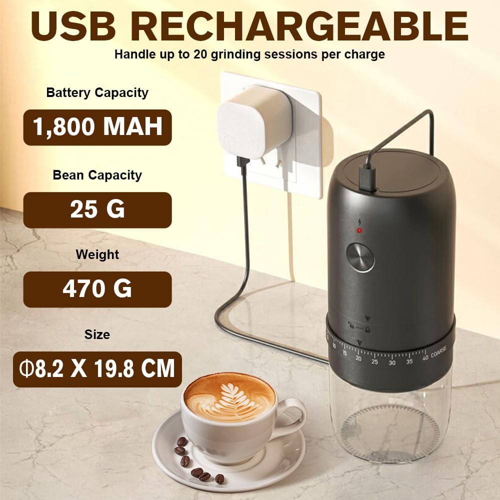 Elektrische Kaffeemühle, Tragbare Kaffeemühle mit 40 Mahleinstellungen, USB Wiederaufladbare Elektri