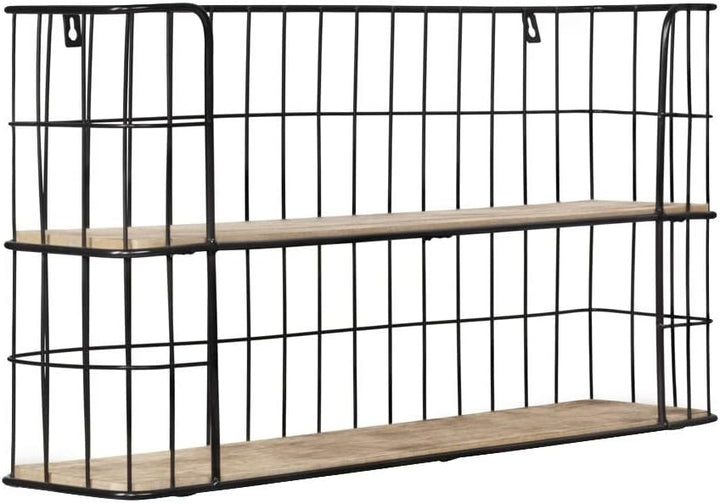 LIFA LIVING Vintage Wandregal aus Holz und Metall Schwarz mit 2 Böden-Holzregal-Natur Stil, Gewürzbo
