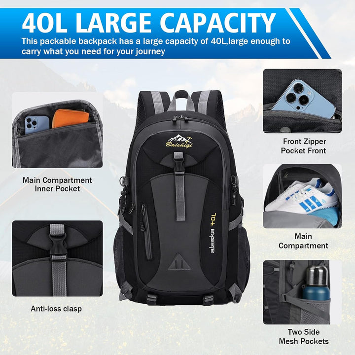 Zorplex Leicht Wanderrucksack, 40L Packable Wasserdichter Rucksack mit atmungsaktivem 3D Air Mesh Po