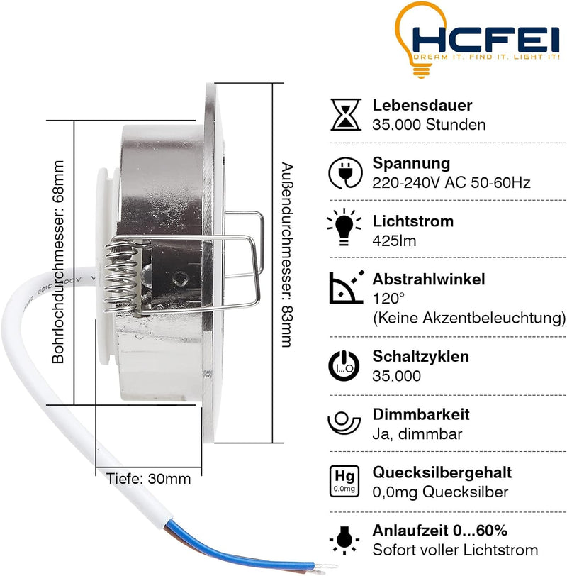 HCFEI 6er set LED Einbaustrahler dimmbar matt-chrom schwenkbar 5W flach 230V Einbau-Spot Strahler Ei