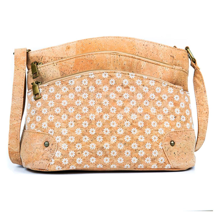 DeCarbonize Crossbody Handtasche aus Kork Veganleder Nachhaltig Damen Umhängetasche 3-Zip Blümchen W