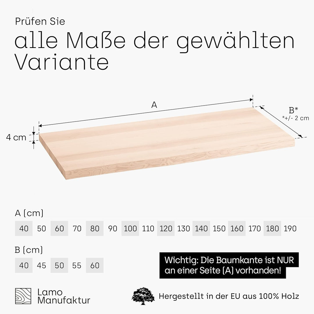 LAMO Manufaktur Waschtisch Konsolentischplatte, Holzplatte Waschtisch Konsolentisch Baumkante, 100x4
